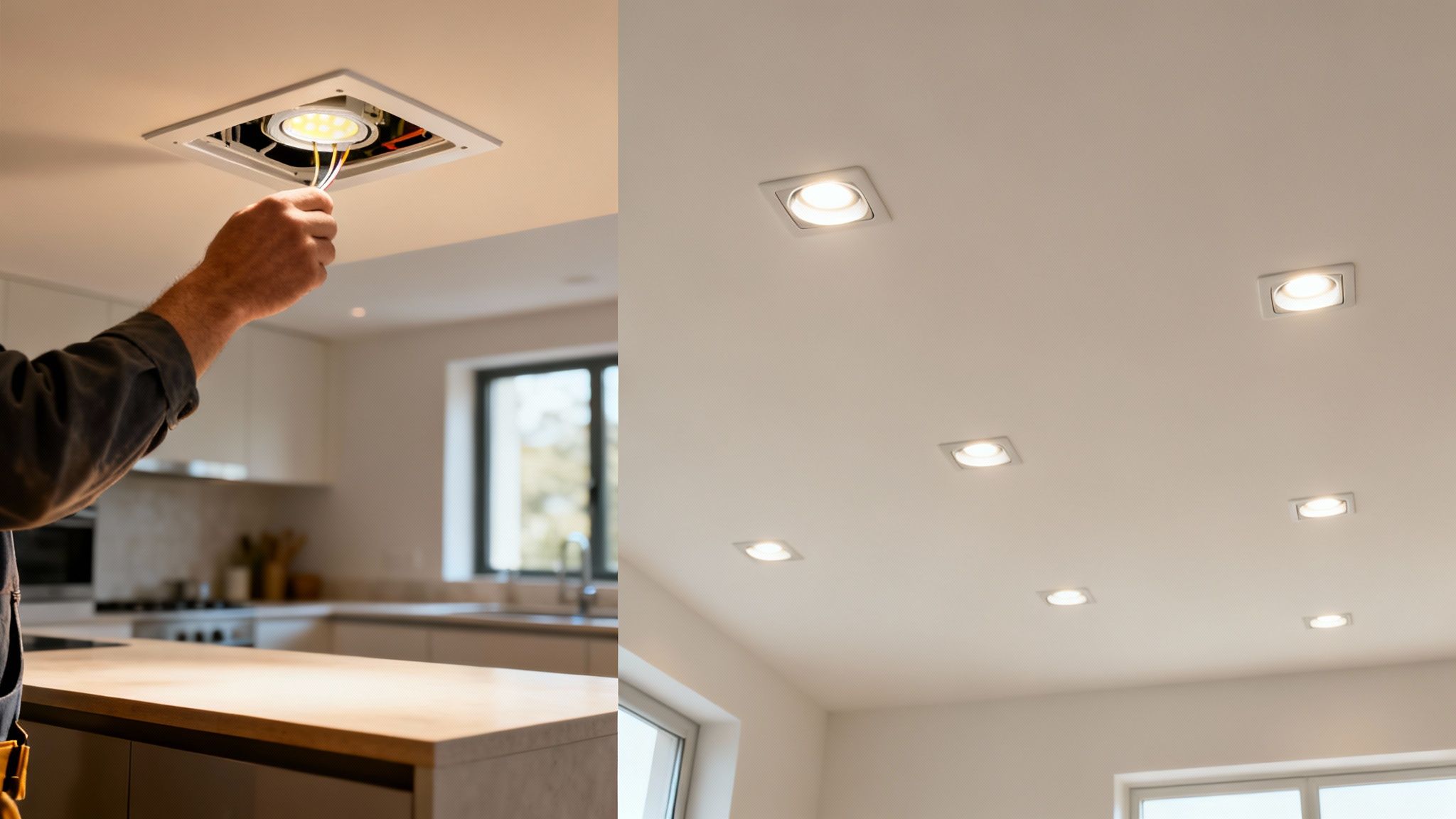 An Electrician Installing A Square Led Downlight In A Kitchen Ceiling, Beside A Room With Multiple Illuminated Downlights.