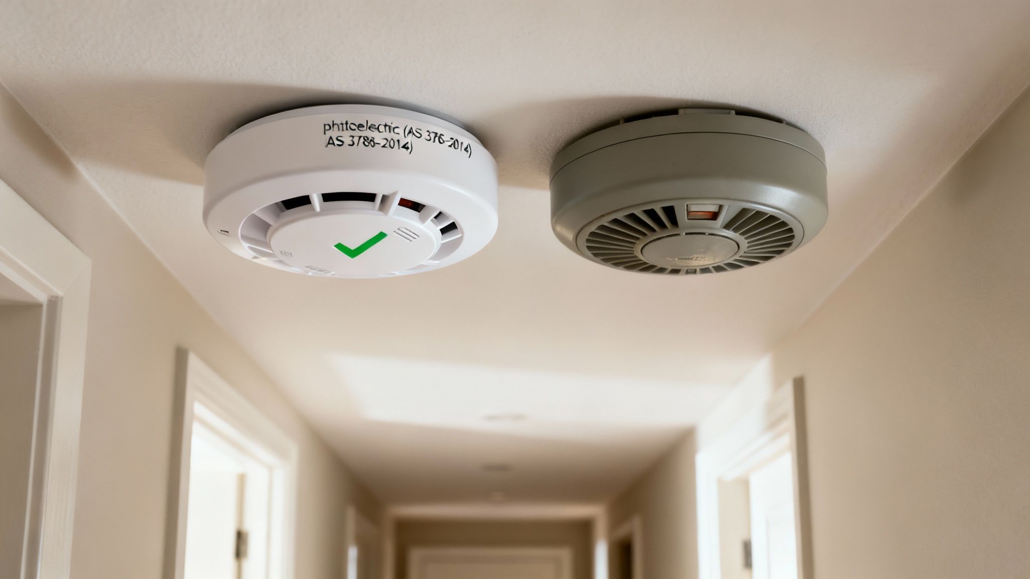 Two Smoke Alarms, One White With A Green Checkmark, And One Grey, On A White Ceiling In A Hallway.