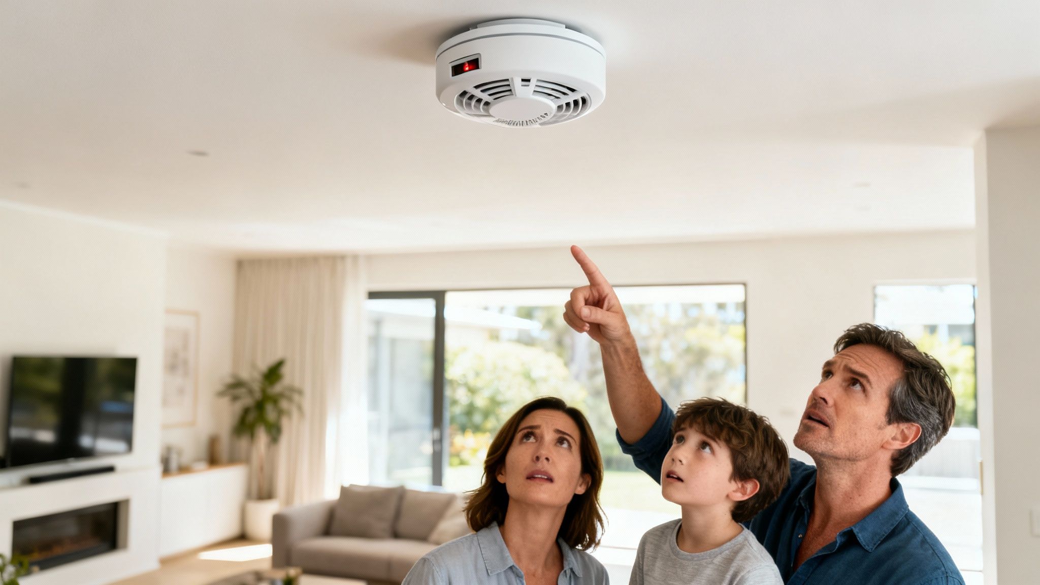 Concerned Family Pointing And Looking Up At A Smoke Alarm On The Ceiling With A Red Light.