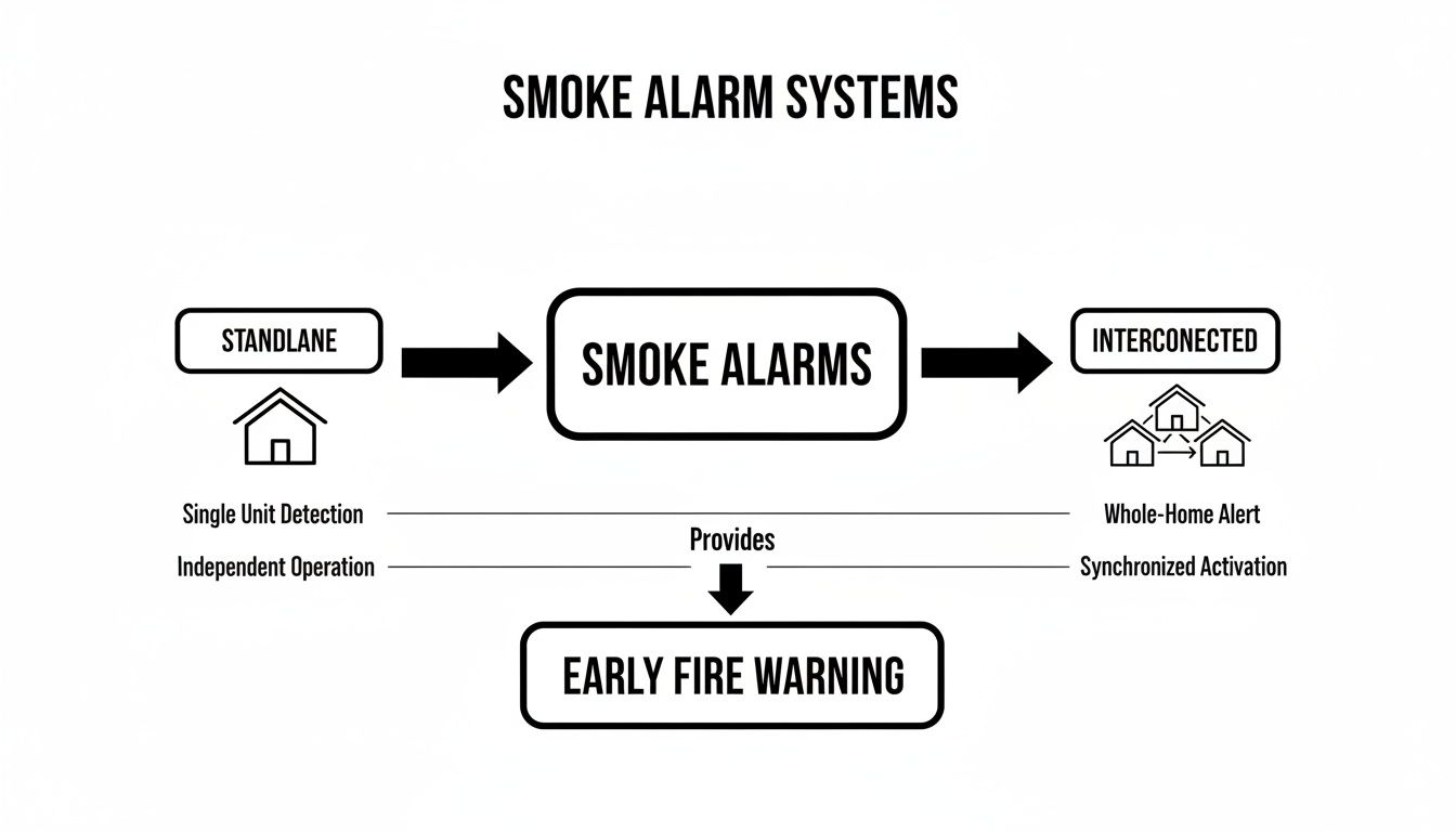 Diagram Illustrating Standalone And Interconnected Smoke Alarm Systems, Explaining Their Features And Benefit Of Early Fire Warning.