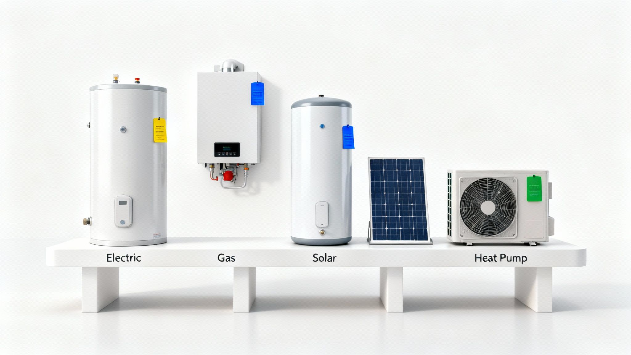 A Display Of Four Different Home Water Heating Systems: Electric, Gas, Solar, And A Heat Pump.