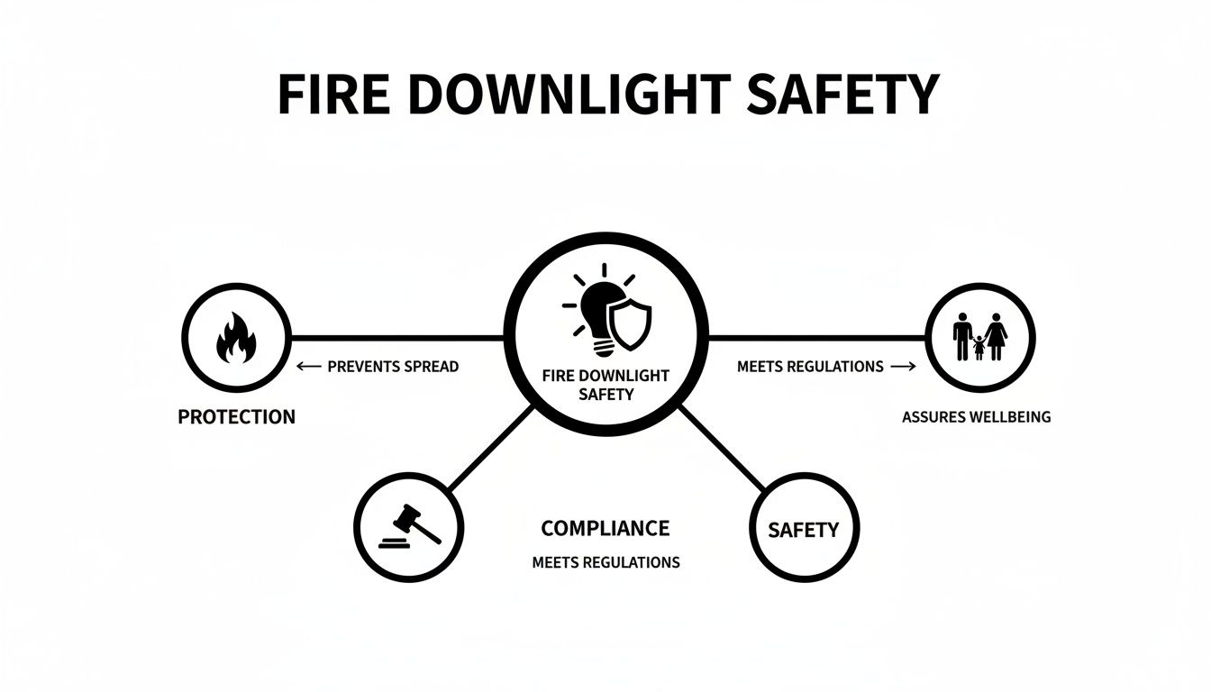 Diagram Illustrating The Benefits Of Fire Downlight Safety, Emphasizing Protection, Compliance, And Wellbeing.