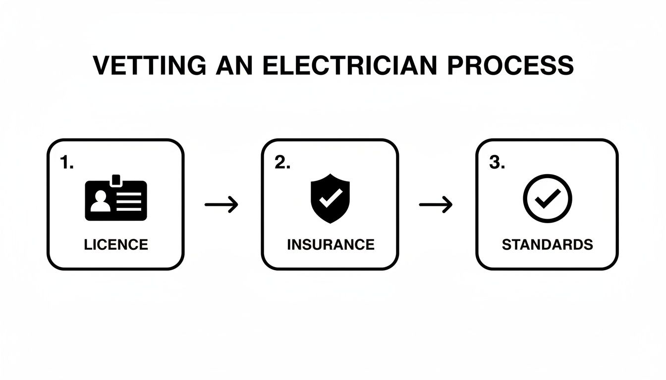 An Infographic Outlines The Electrician Vetting Process: Licence, Insurance, And Standards, Ensuring Qualified Service.