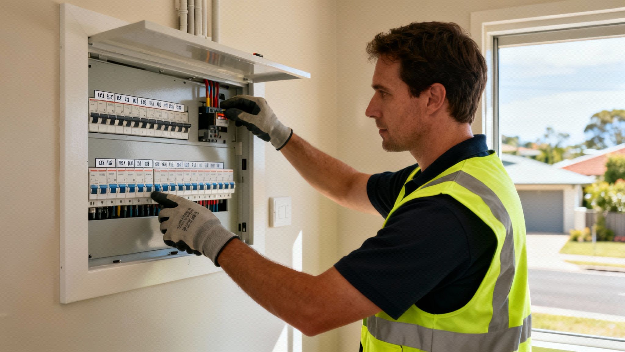 An Electrician In A High-Visibility Vest Inspects A Residential Fuse Box, Adjusting Electrical Components.
