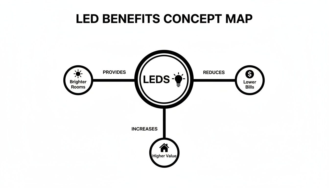 A Concept Map Illustrating The Benefits Of Leds, Showing Brighter Rooms, Lower Bills, And Higher Home Value.