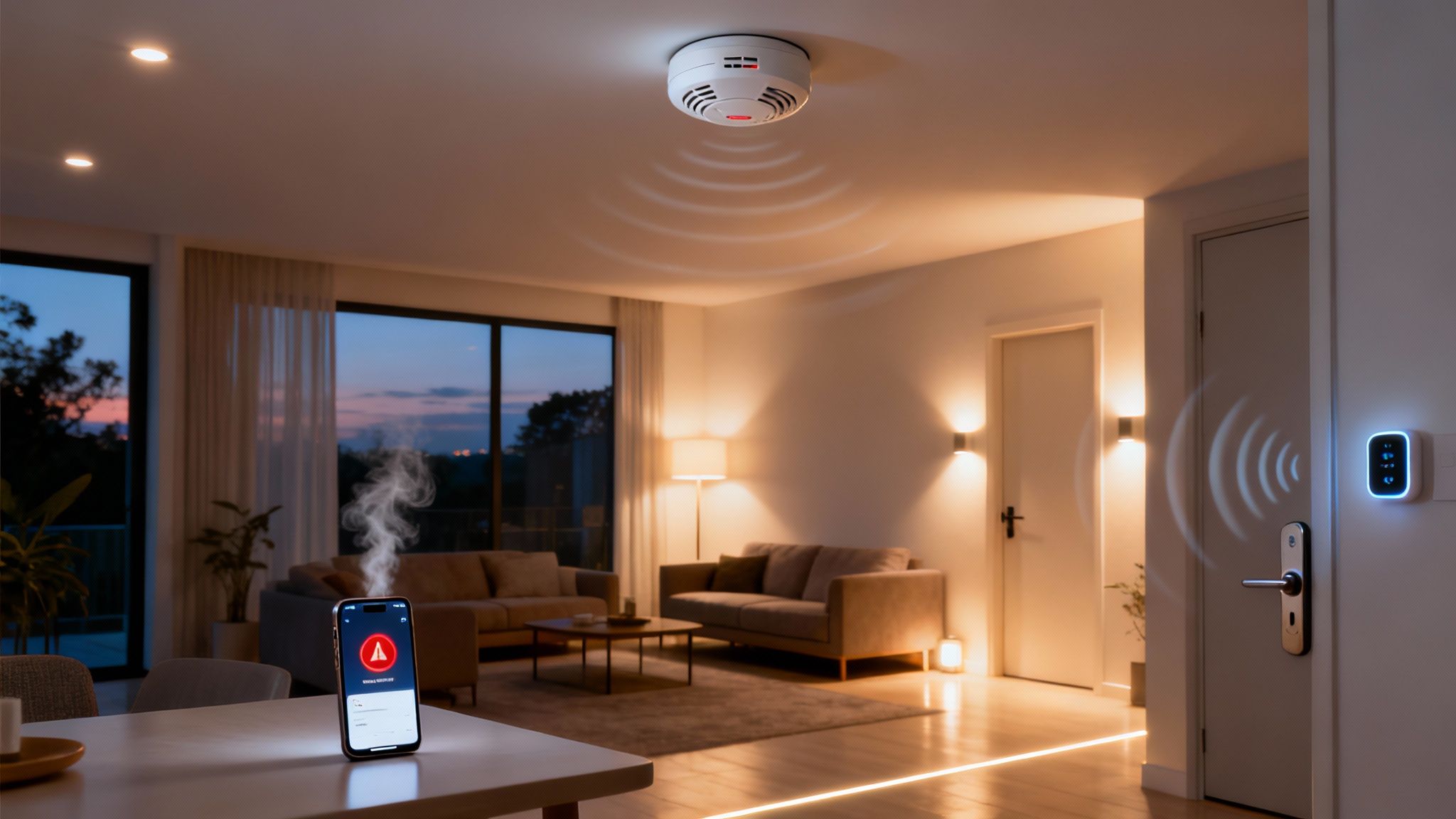 A Modern Smart Home With A Smoke Detector Alarming And A Smartphone Displaying A Fire Warning.