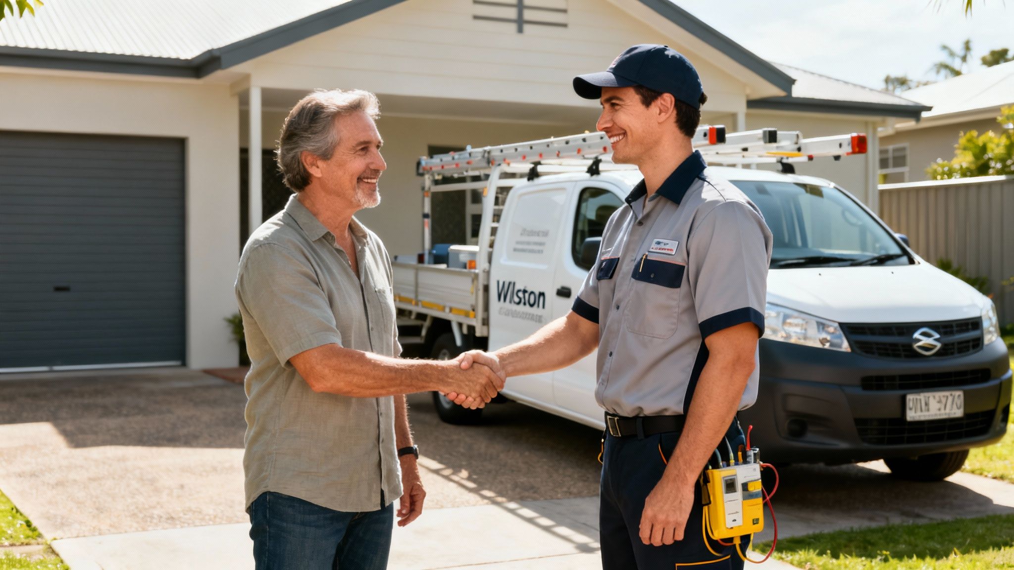 An Electrician In Uniform Shakes Hands With A Smiling Homeowner In Front Of A House And Service Van.