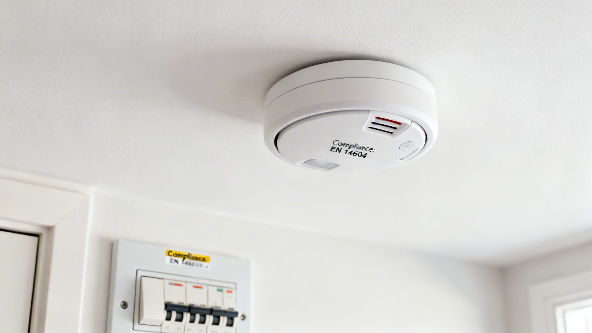 A White Smoke Detector Is Mounted On A Clean White Ceiling, With An Electrical Panel Below.