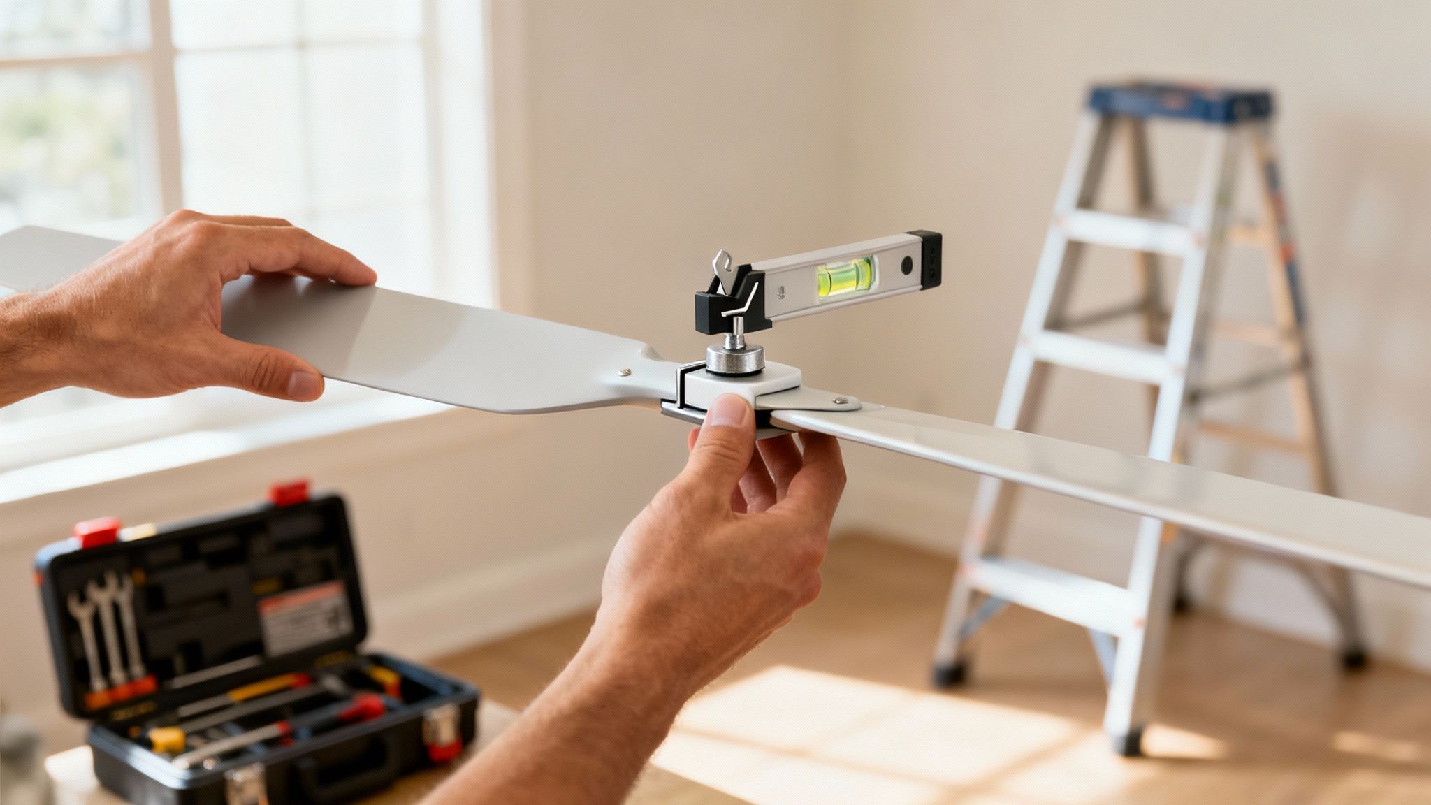 Close-Up Of Hands Installing A Ceiling Fan Blade With A Level Attached For Precise Alignment.