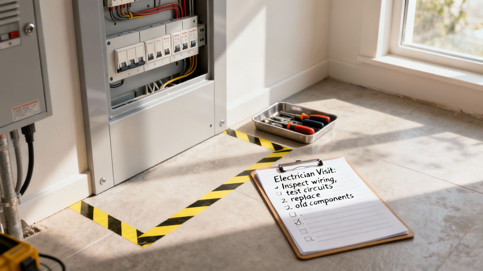 An Electrician'S Checklist And Tools Are Laid Out On A Tiled Floor Near An Electrical Panel.