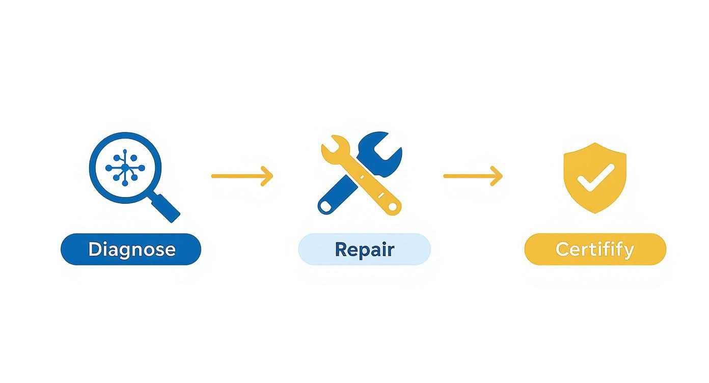 A Three-Step Process Diagram Showing Diagnose, Repair, And Certify With Corresponding Icons And Arrows.