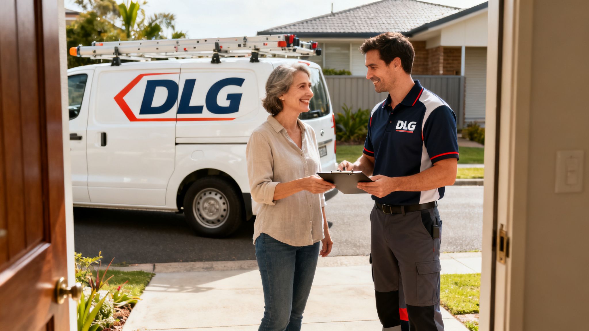 Smiling Woman And Dlg Service Technician Exchanging A Clipboard At A Residential Home Entrance.