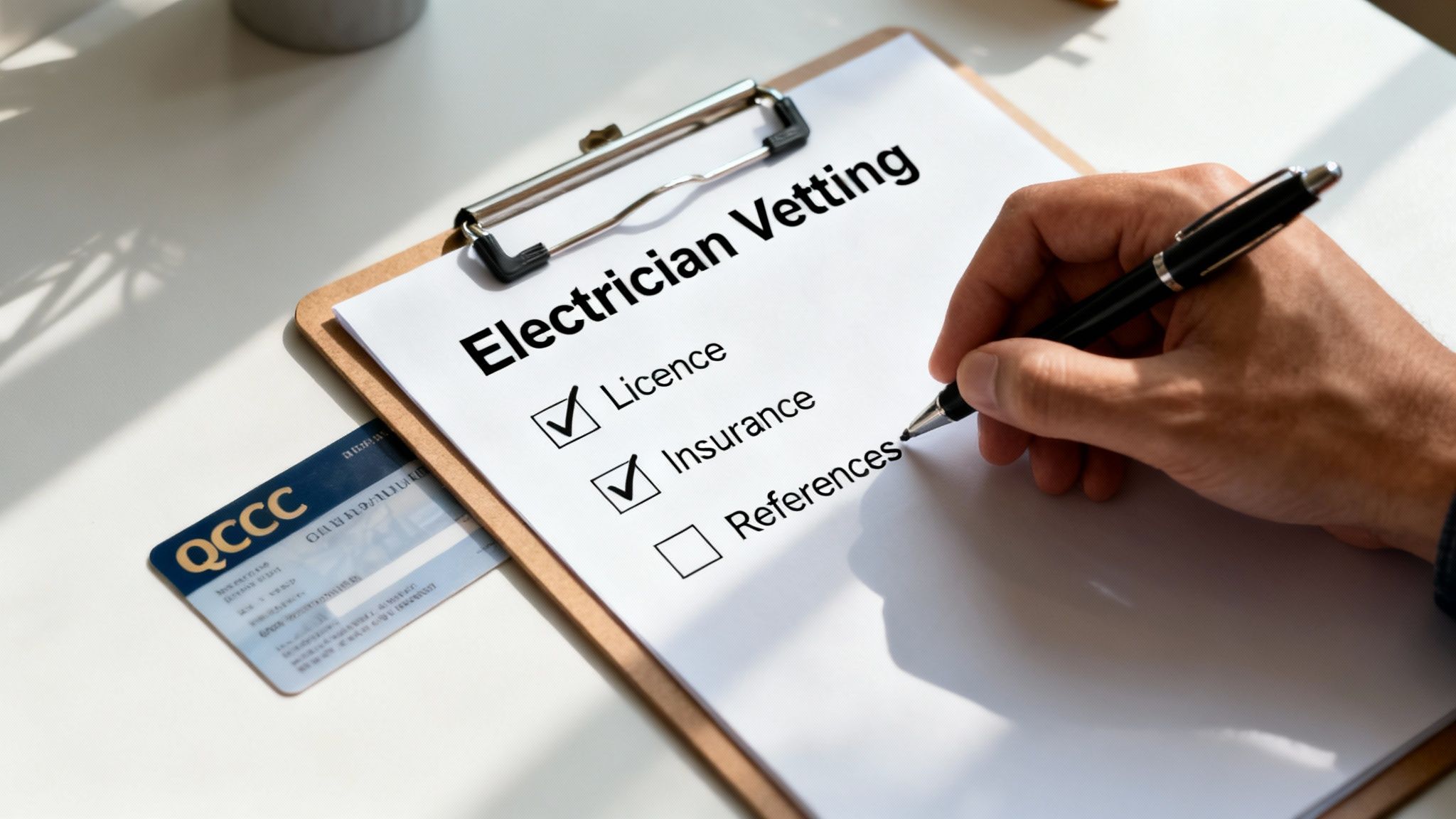 A Hand Checks Items On An 'Electrician Vetting' Checklist, Including Licence And Insurance, On A Clipboard.