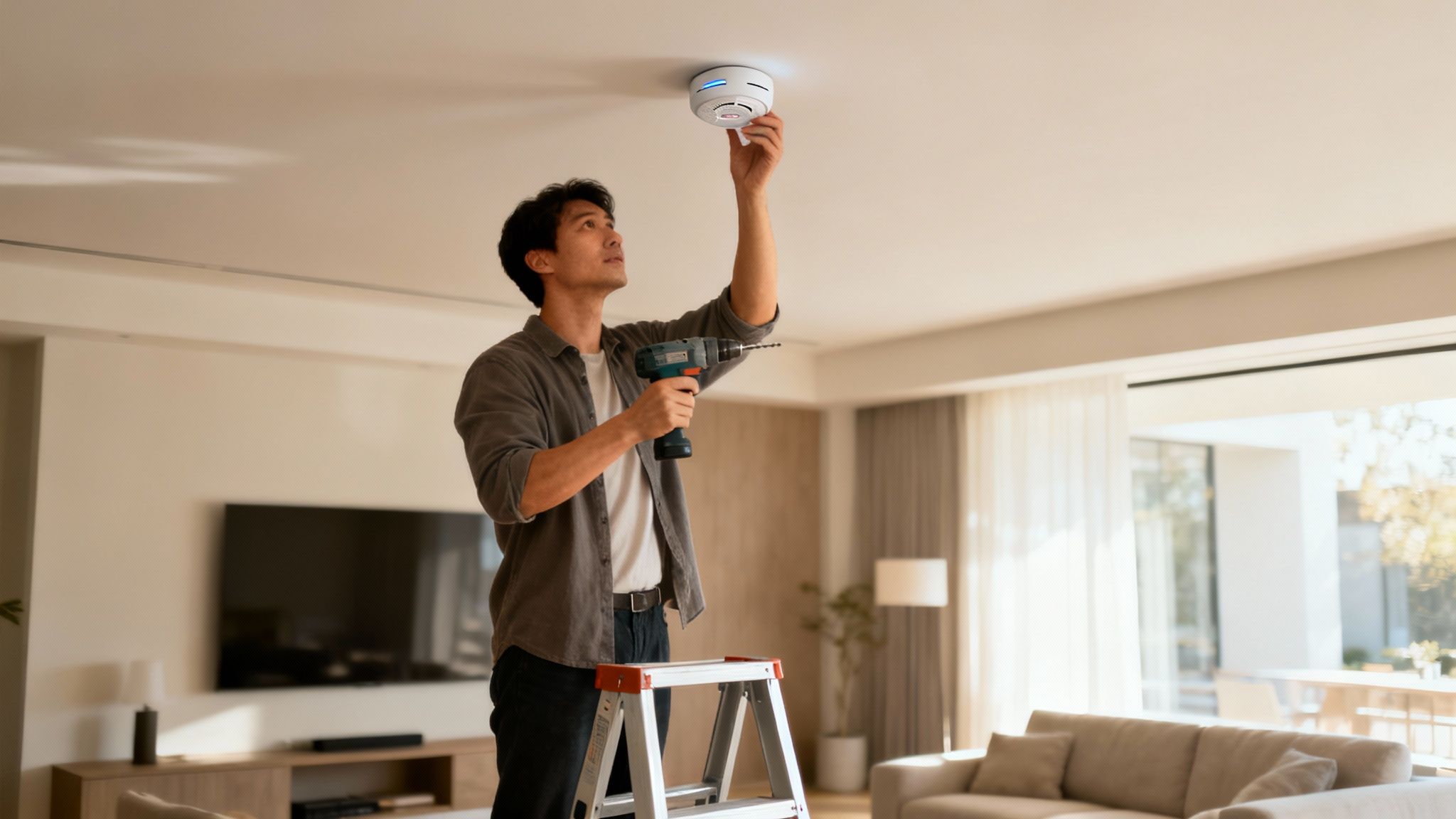 A Family Safely Evacuating Their Home At Night As Smoke Alarms Are Visible On The Ceiling.