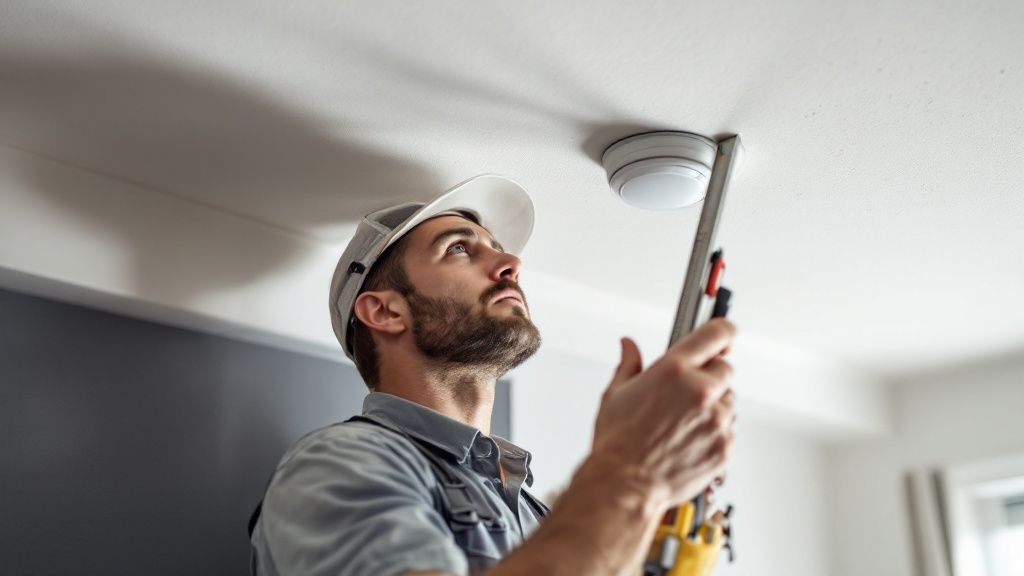 Smoke Detector Installation Cost In Australia | Get A Free Quote 2 An Electrician On A Ladder, Pointing To A Smoke Detector On The Ceiling While Explaining Its Features.