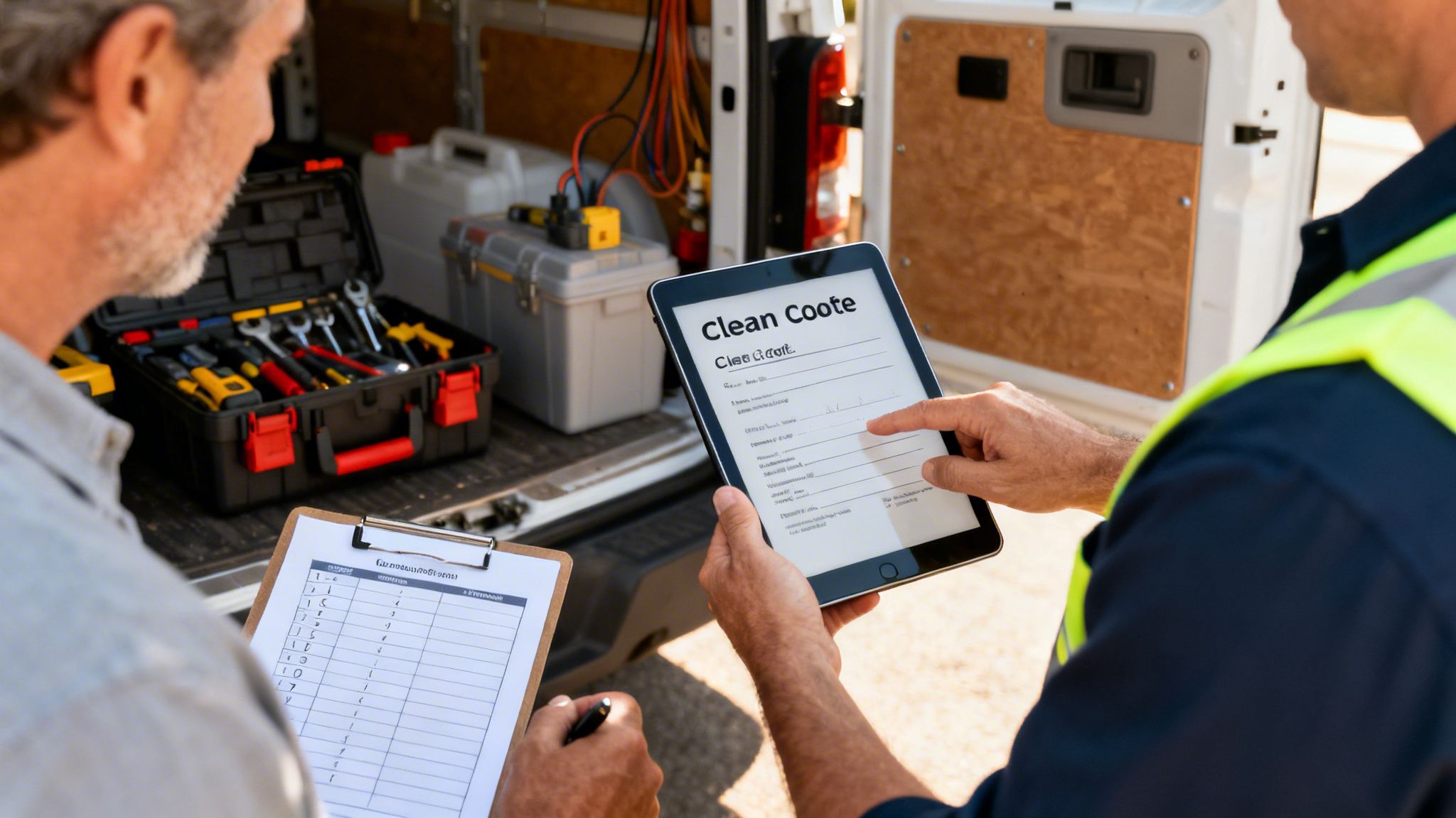 Two Service Technicians Review Job Details, One On A Tablet And The Other On A Clipboard.