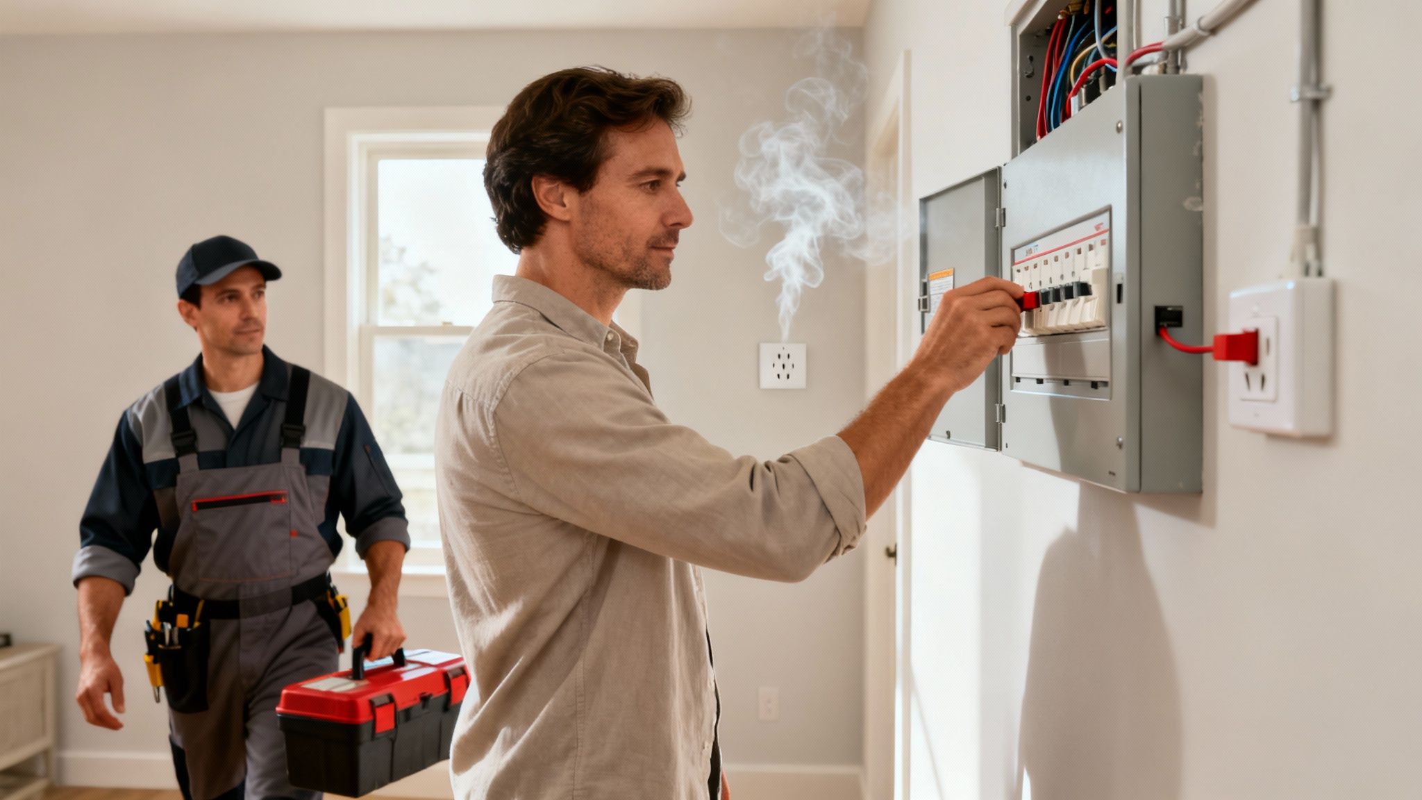 How To Hire A Great Electrician In Brisbane 3 A Man Adjusts A Smoking Electrical Panel While An Electrician Waits With A Toolbox.