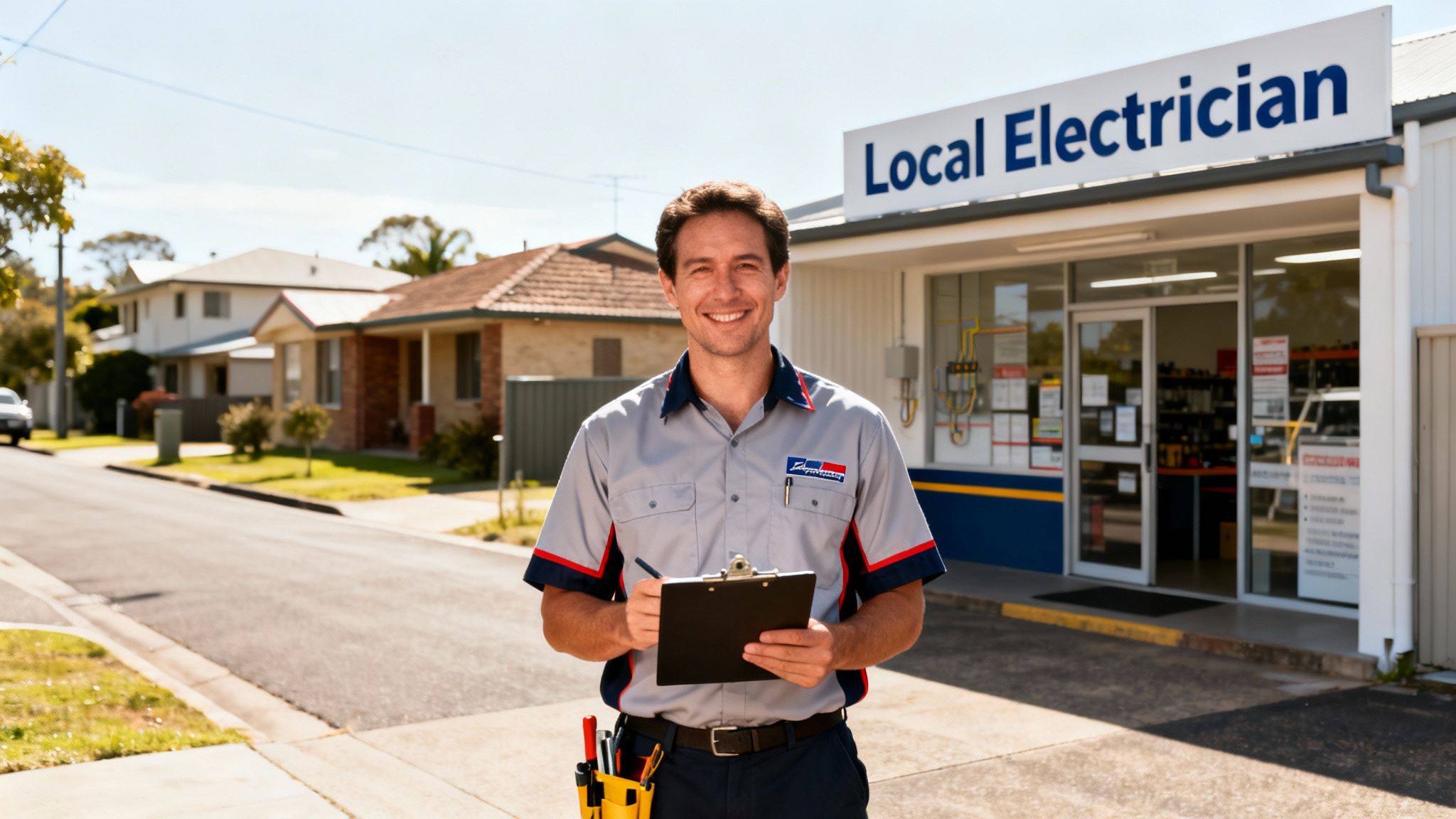 Smiling Male Electrician In Uniform Holding A Clipboard Outside A 'Local Electrician' Shop.