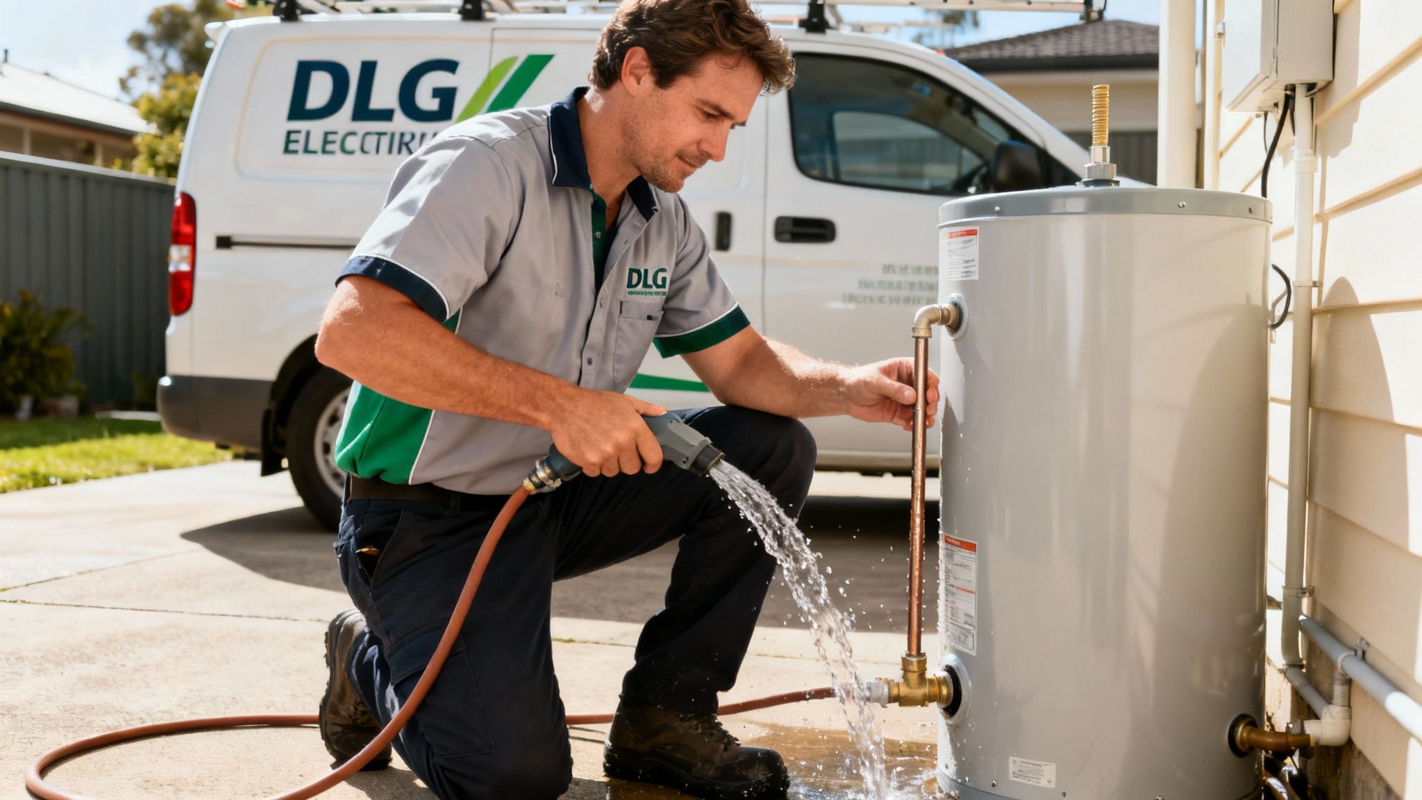 A Technician In A Dlg Uniform Flushes An Outdoor Hot Water Heater With A Hose, Servicing The Unit.