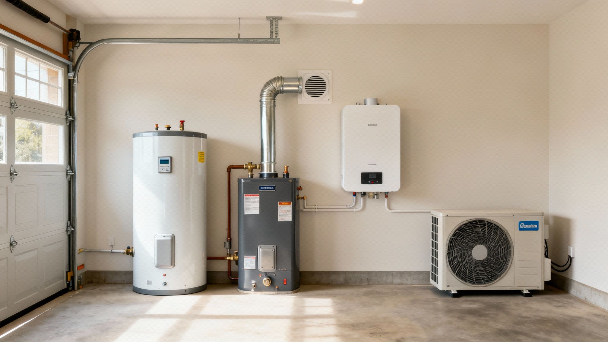Multiple Hot Water Systems, Including Tank, Tankless, And Heat Pump Units, In A Garage Setting.
