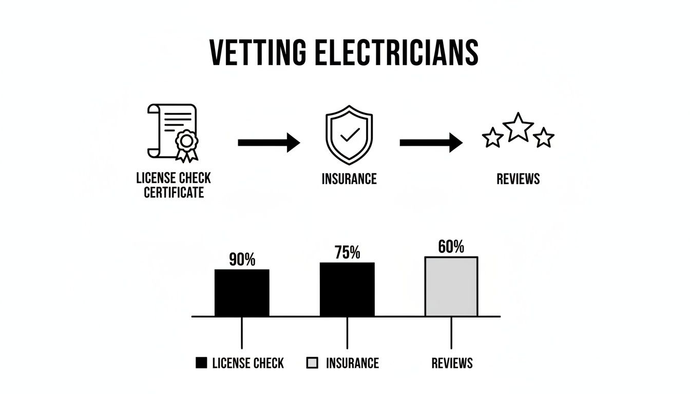 Infographic Detailing The Electrician Vetting Process, Showing License Check, Insurance, And Reviews, With A Bar Chart Of Compliance Rates.