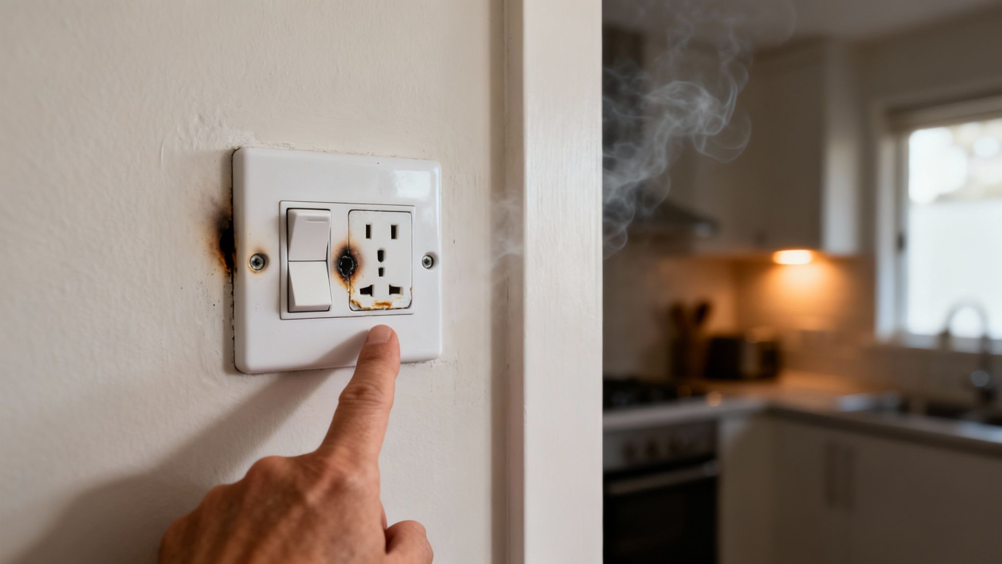A Dangerous Electrical Outlet On Fire With Smoke, Showing Severe Damage And A Person'S Finger Pointing.