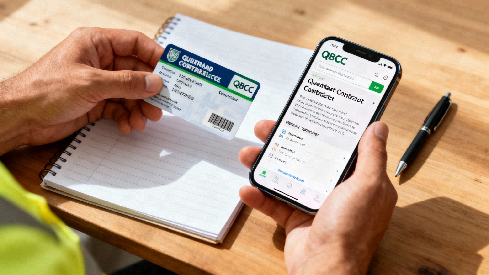 A Person Holds A Qbcc Contractor License Card And A Smartphone Displaying The Qbcc App, With A Notebook And Pen On A Table.