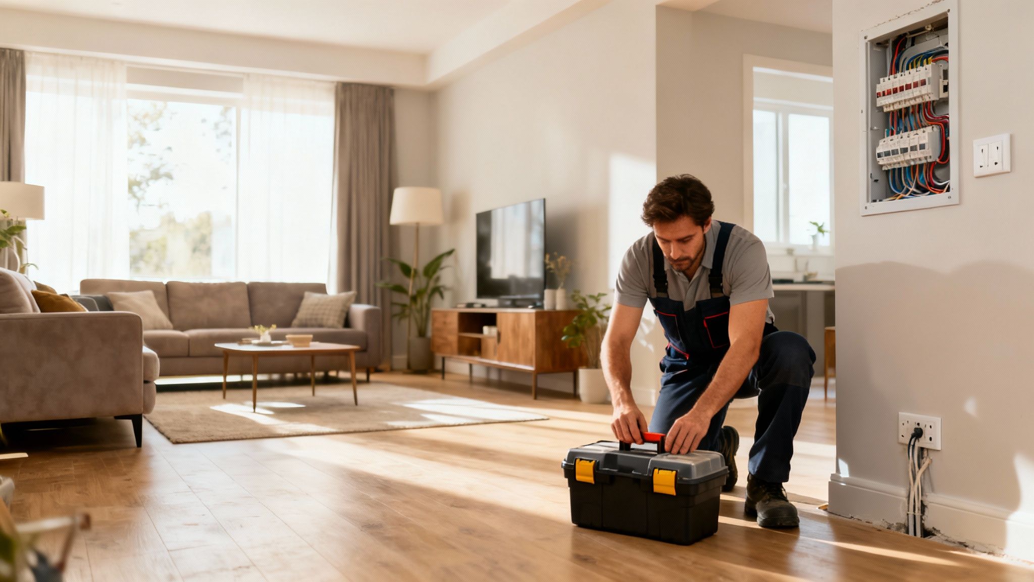An Electrician Kneels, Opening His Toolbox Near An Exposed Electrical Panel In A Modern Living Room.