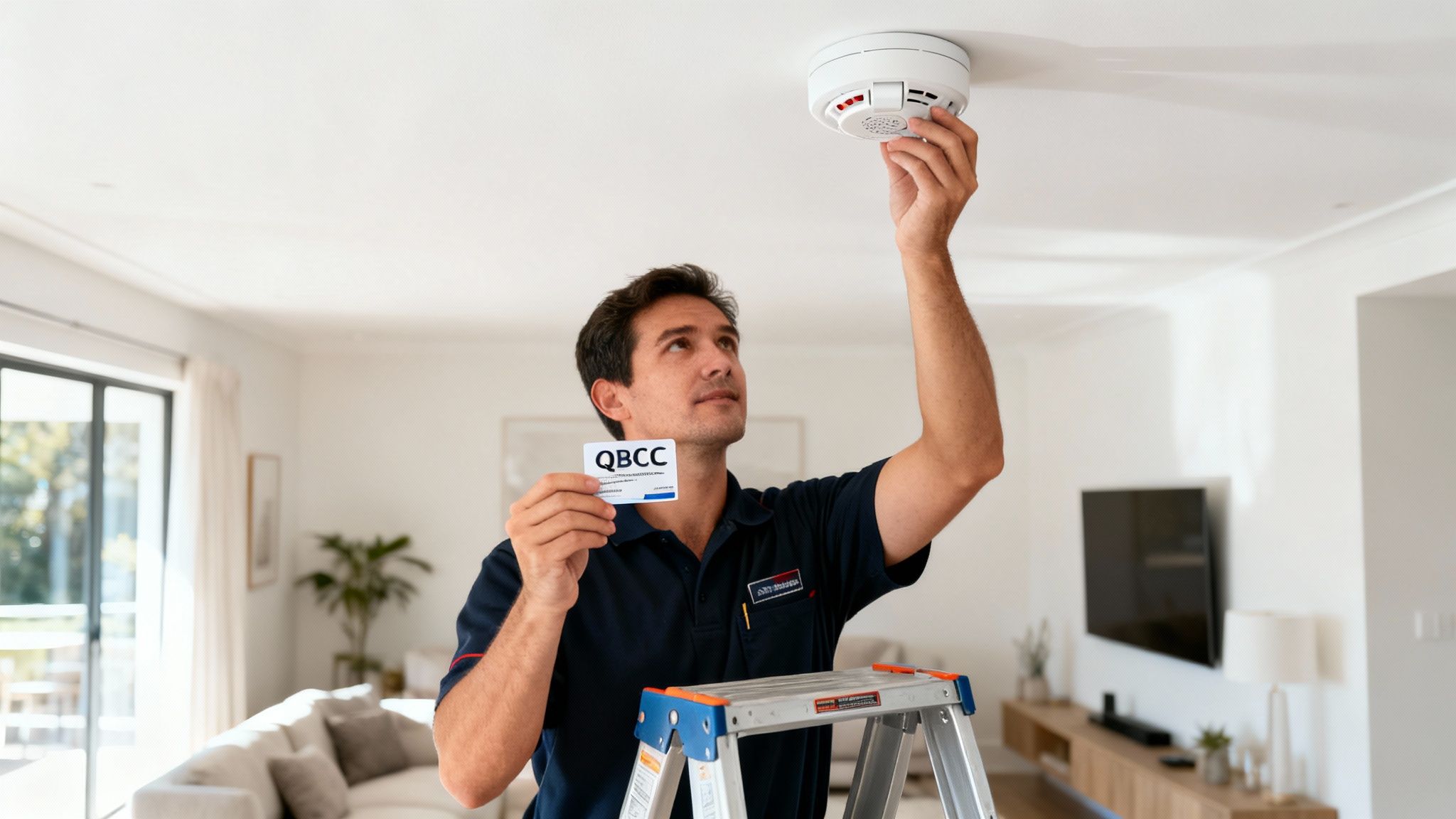 A Professional Electrician Installs A Smoke Alarm On The Ceiling In A Modern Living Room, Holding A Qbcc Card.