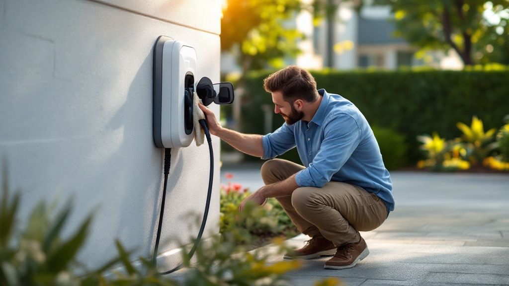 Person Plugging An Ev Charger Into Their Car At Home