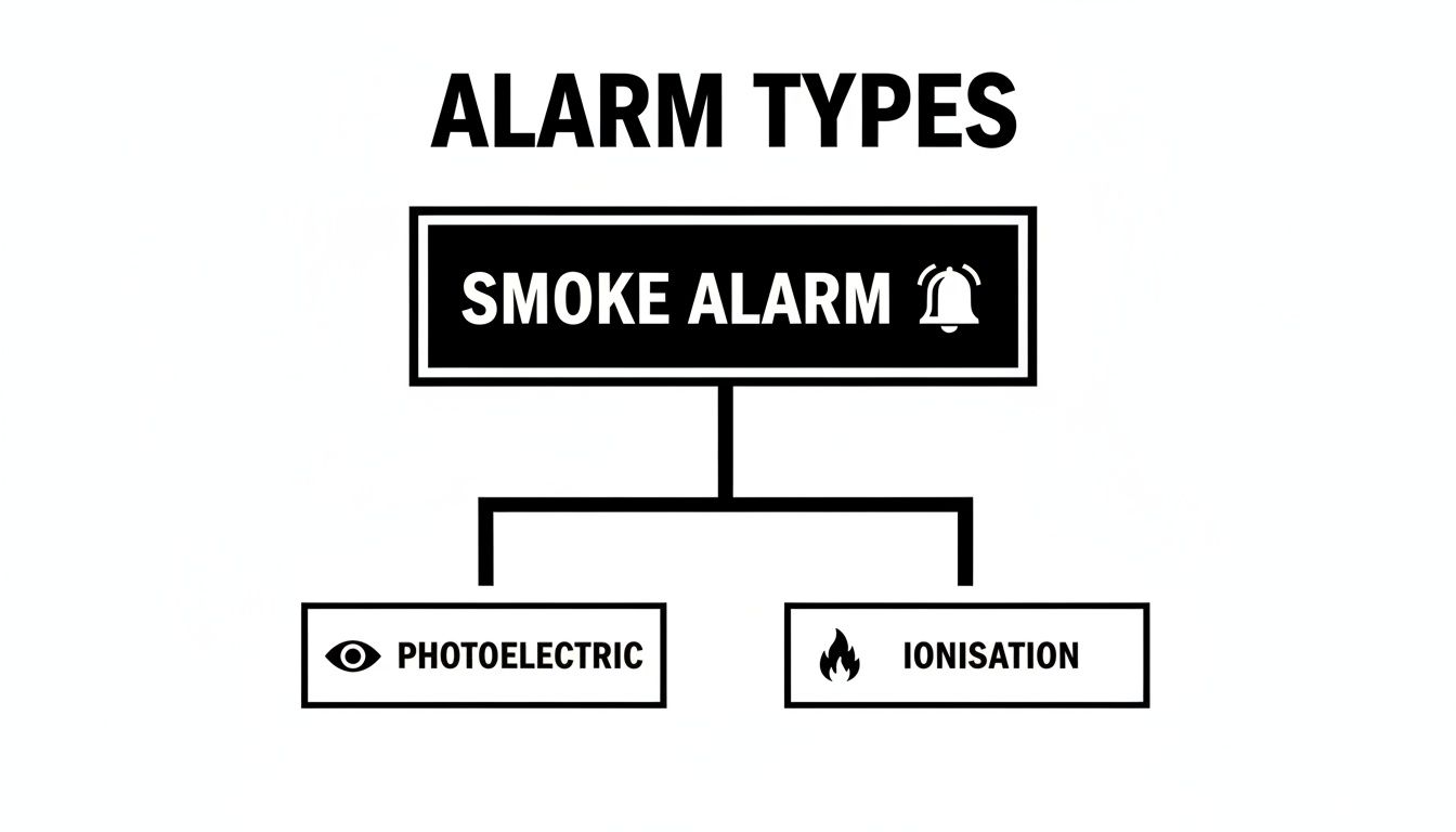 A Clear Diagram Illustrating Different Smoke Alarm Types: Photoelectric And Ionisation, For Fire Safety.