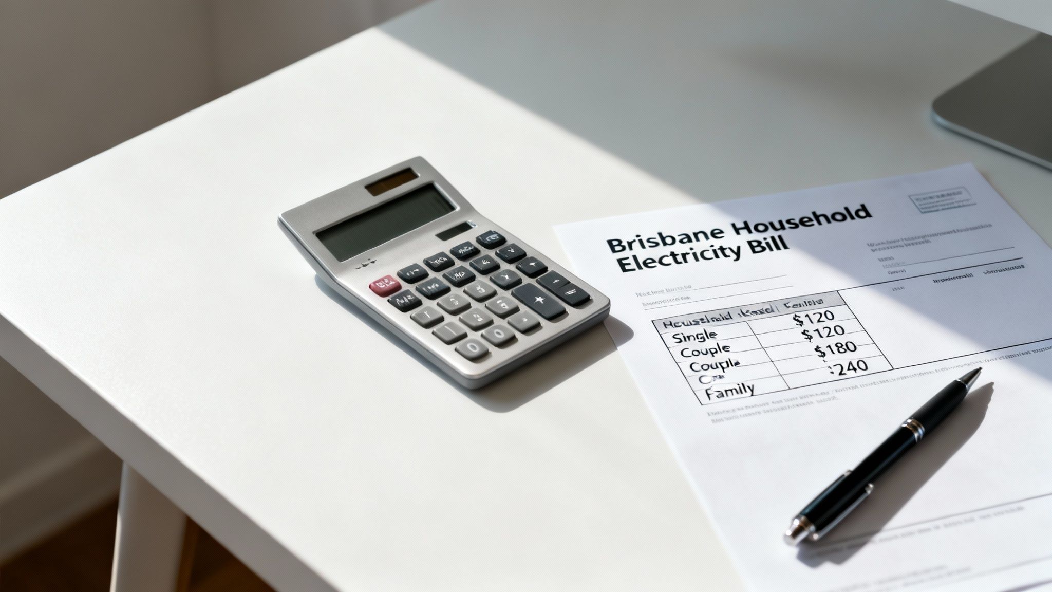 Calculator, Pen, And Brisbane Electricity Bill Displaying Household Costs On A White Surface.