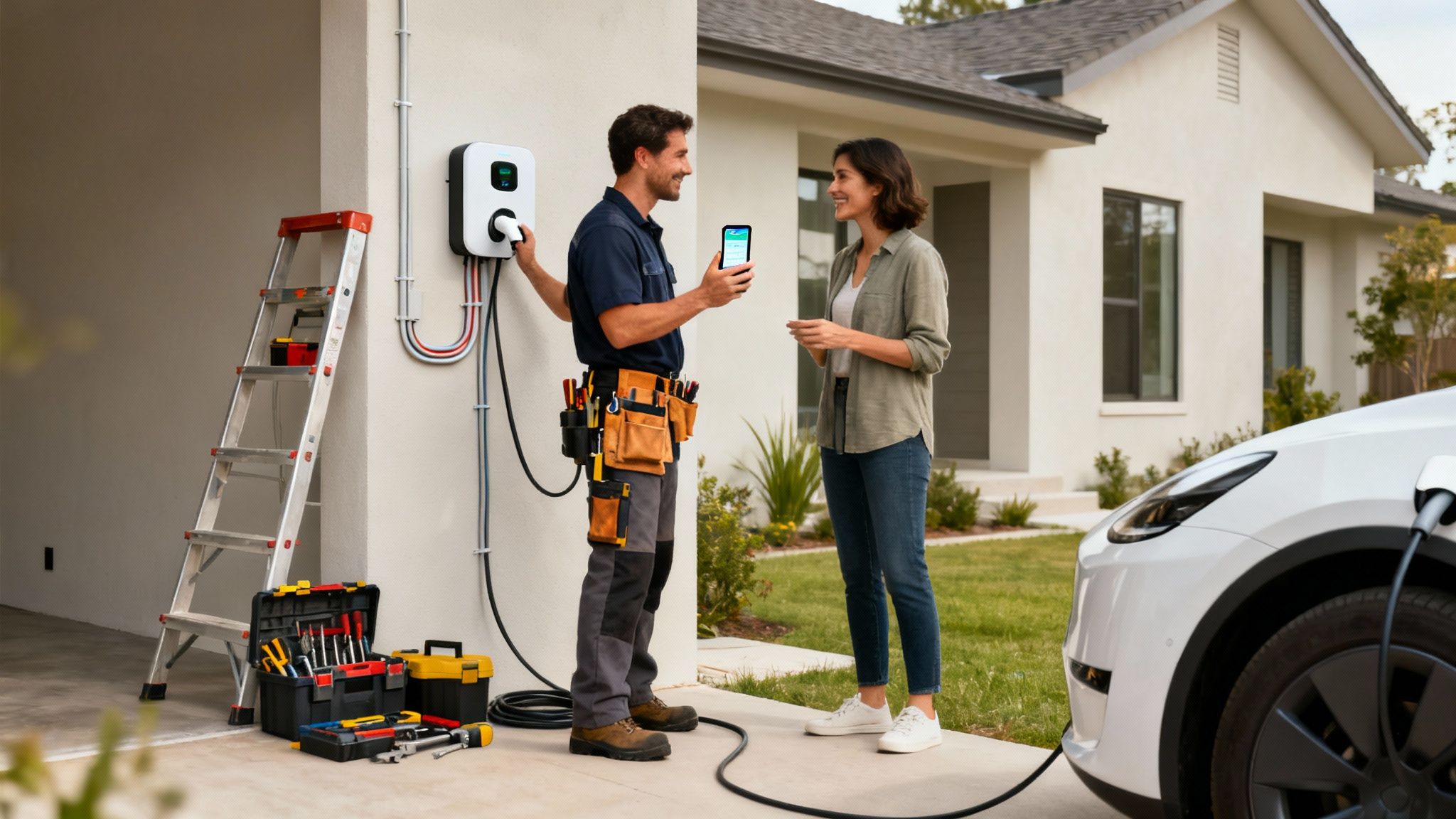 An Electrician Shows A Woman How To Use A Newly Installed Ev Charger At Her Home, With An Electric Car Plugged In.