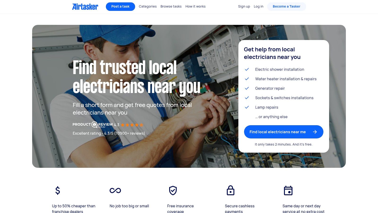 A Screenshot Of The Airtasker Website Showing The Process Of Posting A Task To Find A Local Electrician, With A Search For &Quot;Electrician Companies Near Me&Quot;.