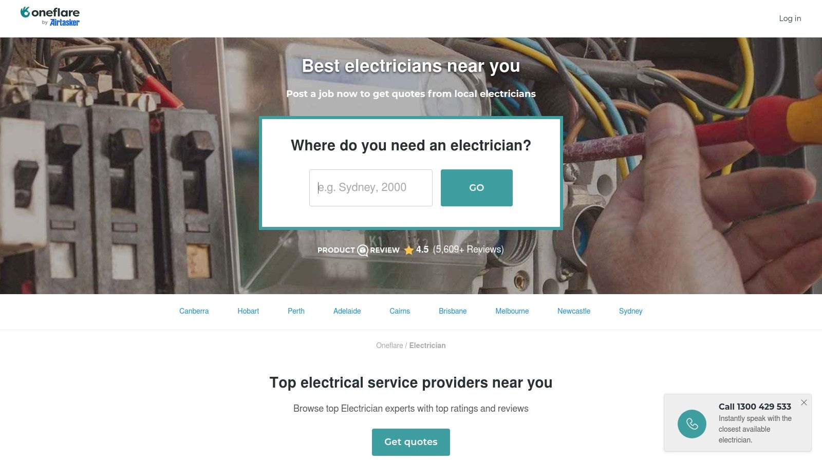A Screenshot Of The Oneflare Website Showcasing Its Quote Request Feature For Finding Local Electricians, Relevant To An &Quot;Electrician Companies Near Me&Quot; Search.