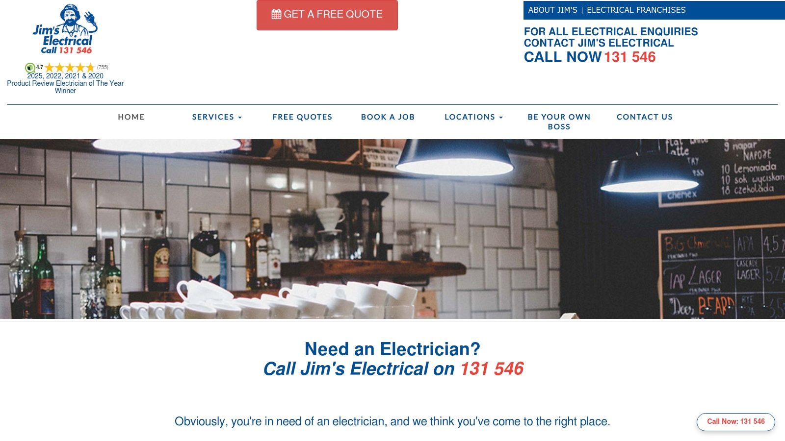 A Screenshot Of The Jim'S Electrical Website, Showing Their Branding And Service Offerings, Relevant To A Search For &Quot;Electrician Companies Near Me&Quot;.