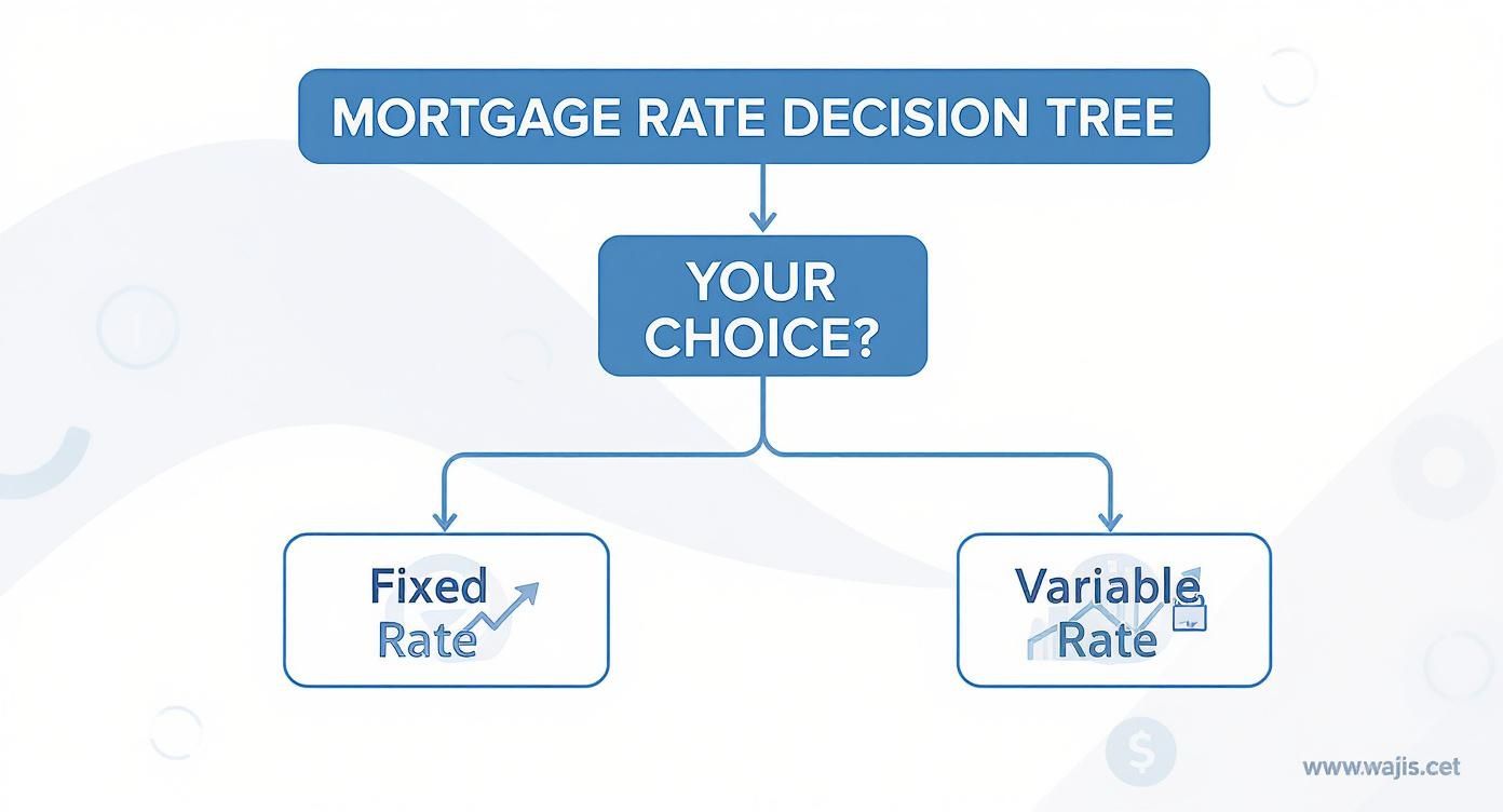 Diagramme de décision illustrant le choix entre un taux hypothécaire fixe et un taux variable