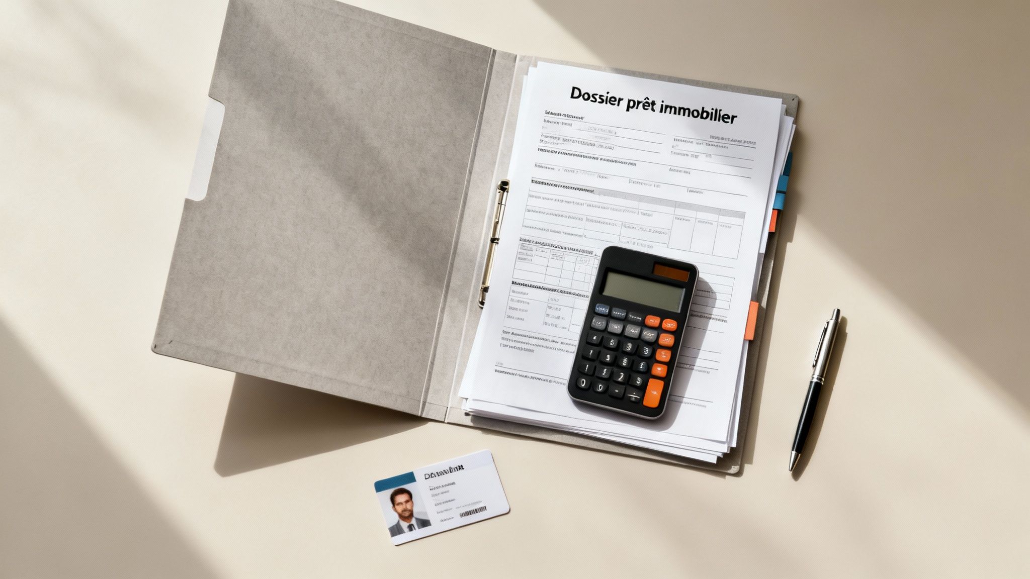 Dossier de prêt immobilier avec calculatrice, stylo et carte d'identité sur un bureau