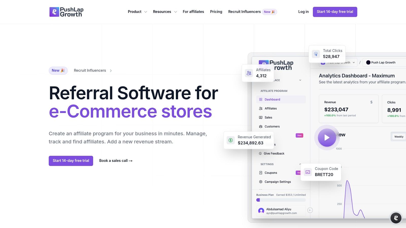 Push Lap Growth affiliate dashboard showcasing performance analytics