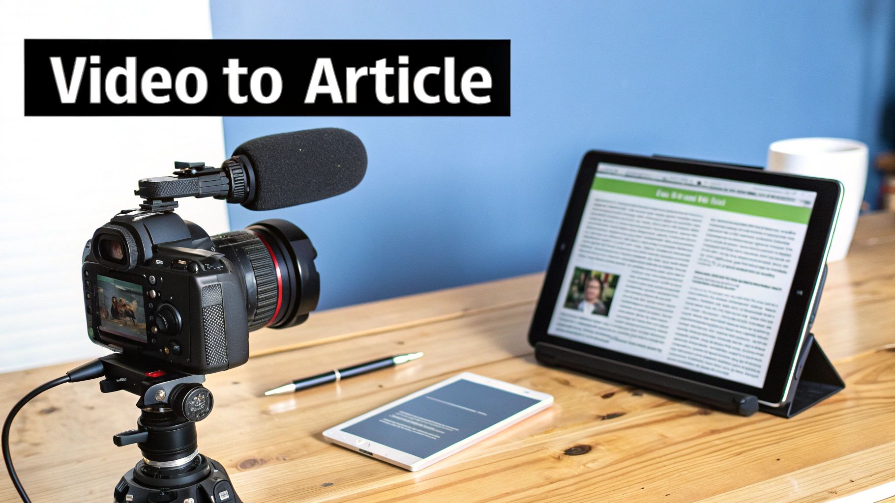 Professional video camera with microphone and tablet displaying article on wooden desk workspace setup