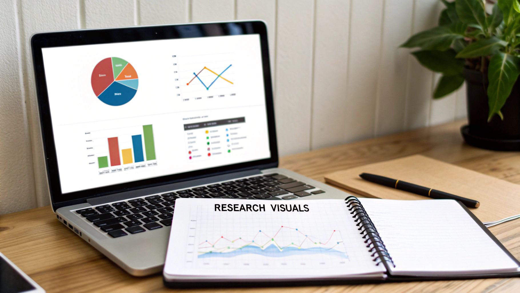 Laptop displaying colorful data charts and graphs with research visuals notebook on wooden desk