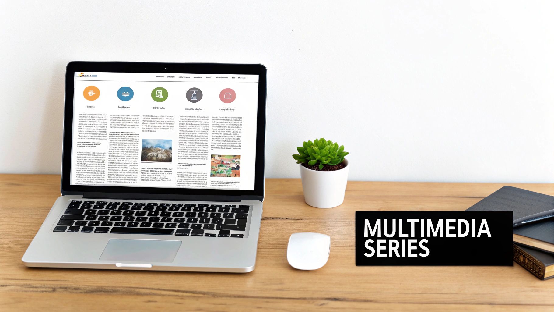 Laptop displaying multimedia content website on wooden desk with plant and mouse nearby