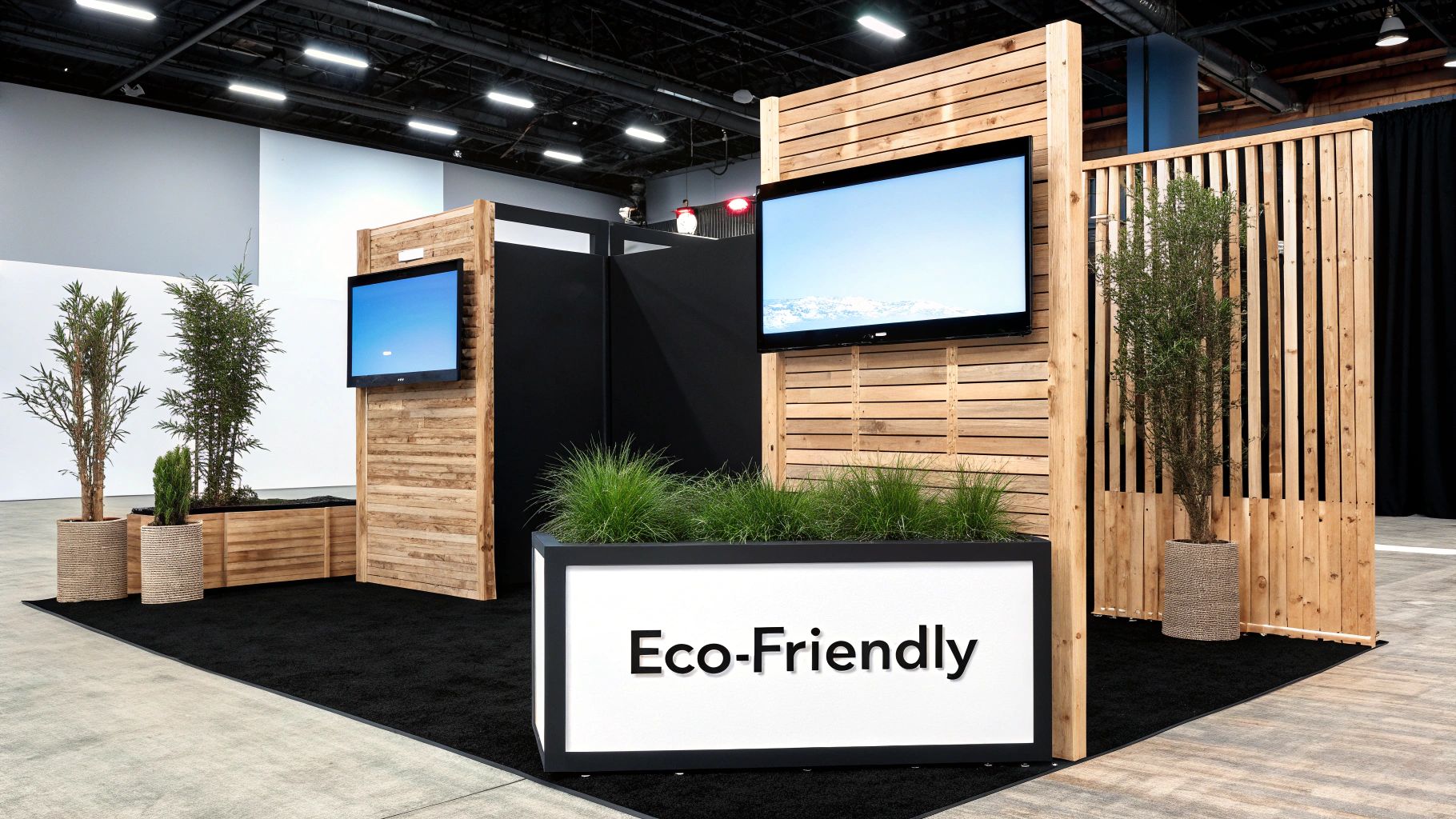 Image of a modern, eco-friendly exhibition stand with greenery and natural wood textures
