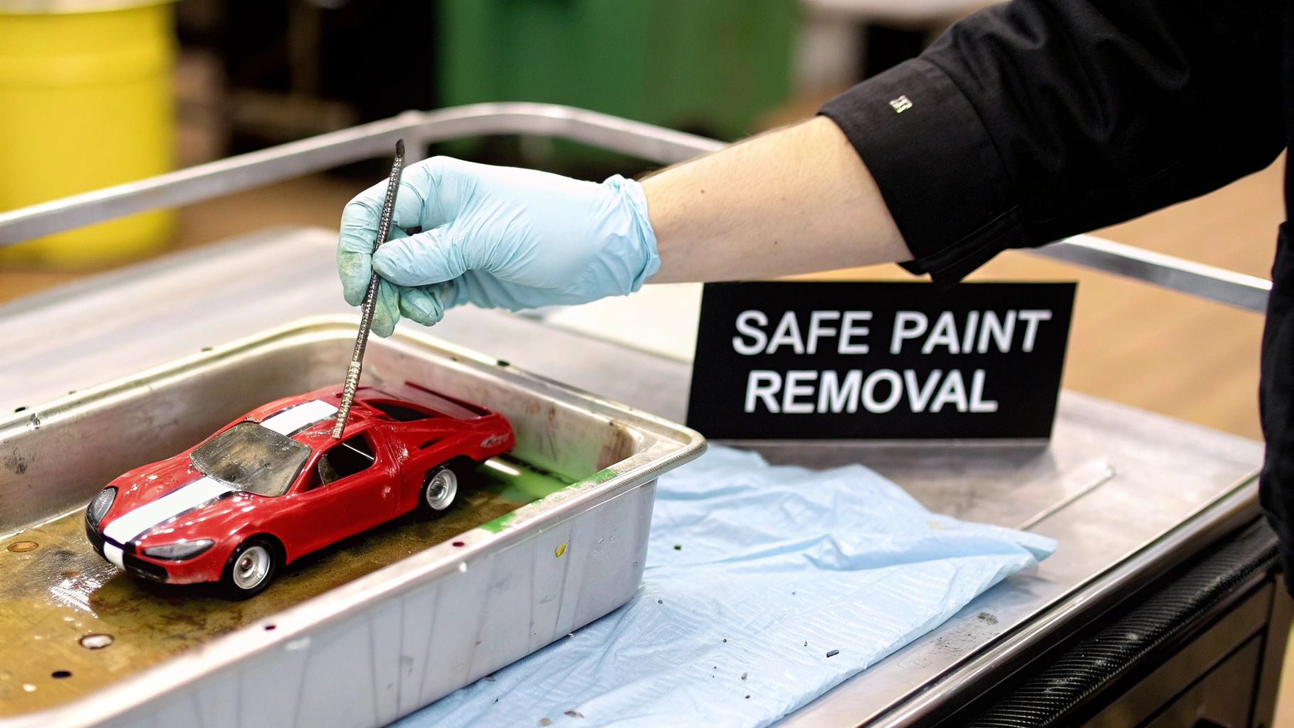 A diecast car submerged in a jar of paint stripper, with the old paint bubbling and lifting off the metal body.