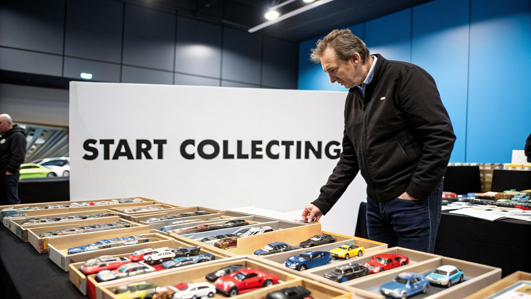 A detailed diecast model of a classic sports car on a wooden surface