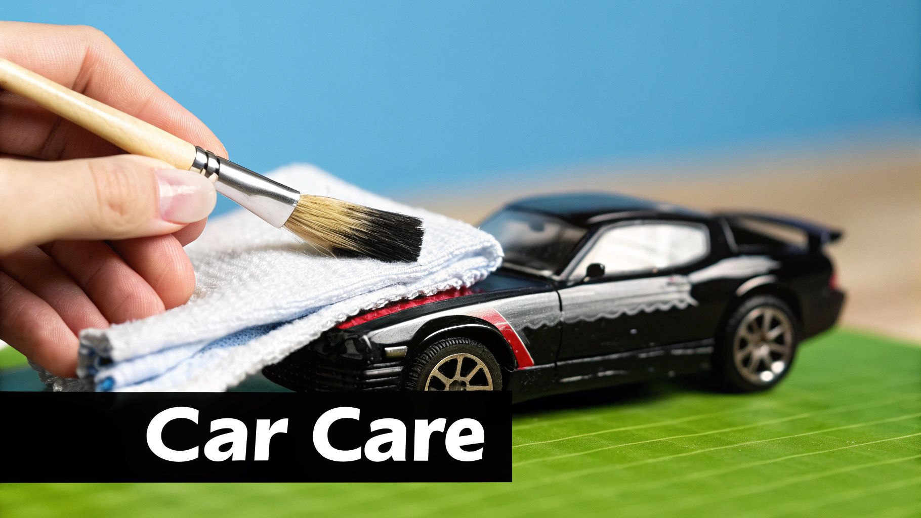 A hand holding a small, red diecast model car, with a collection of other cars blurred in the background.
