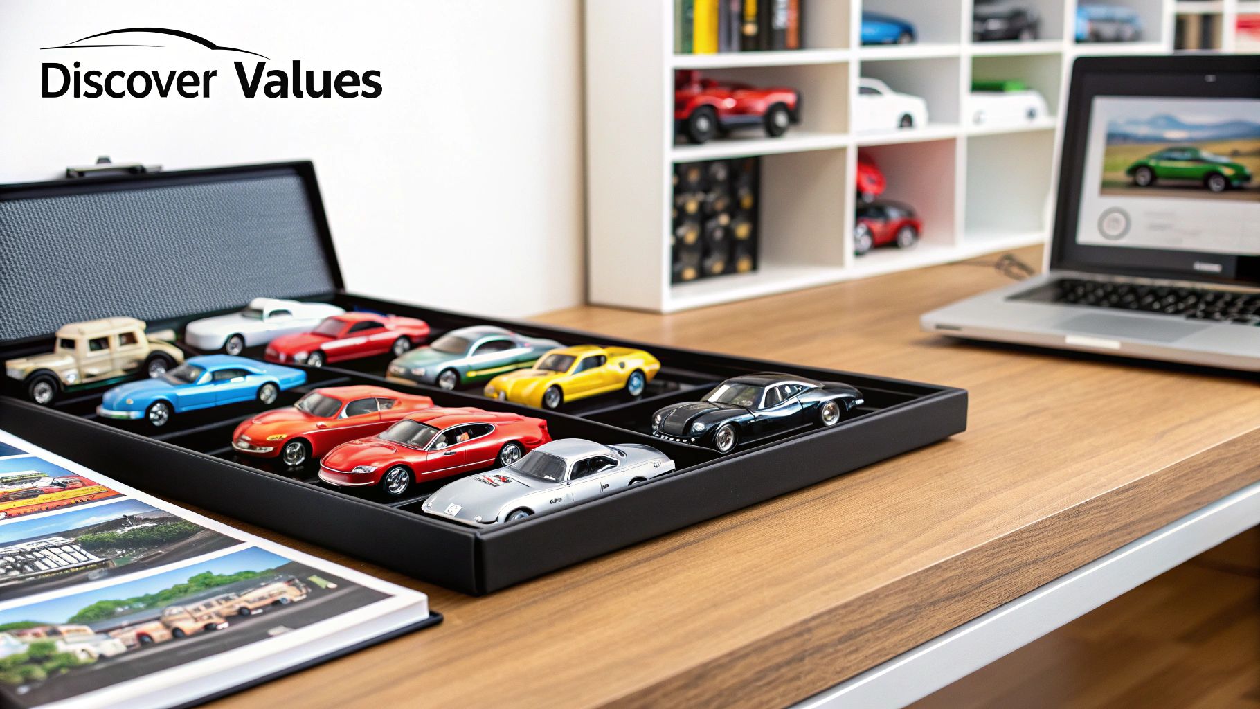 A close-up shot of several classic diecast cars lined up, showing detailed craftsmanship and vintage appeal.