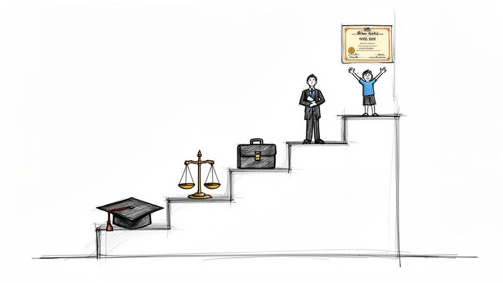 Kresba zobrazuje vzdelanie, spravodlivosť a kariérny rast, vedúci k úspechu a diplomu v právnej oblasti.