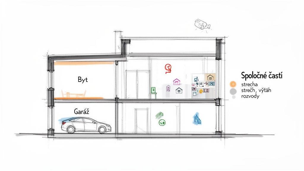 Priečny rez budovou ukazuje rozdelenie na byt, garáž a spoločné časti ako strecha, výťah a rozvody.