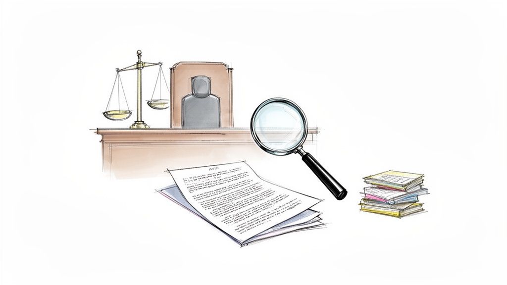 Ilustrácia súdnej siene s váhami spravodlivosti, sudcovskou stoličkou, lupou, dokumentmi a knihami.